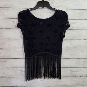 Junior's Rue 21 Floral Lace Crop Top with Fringe Size Small